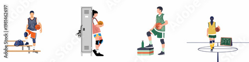 Set of flat illustrations featuring diverse male and female basketball players in various settings like the court, locker room, and training area.