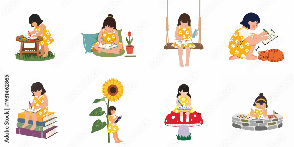 Fototapeta premium Collection of flat vector illustrations of a creative young girl drawing and reading in various imaginative and nature-inspired settings.