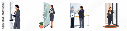 Flat vector illustrations of professional women in business suits working in various corporate environments like reception areas and information desks.