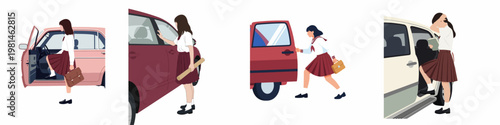 Minimalist flat vector illustration set of a Japanese student in school uniform getting into different colored cars for daily commute.
