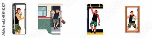 Set of flat vector illustrations featuring a young man commuting, traveling, and navigating on a train or subway in various everyday scenarios.