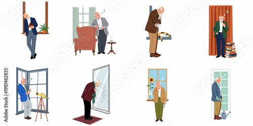 Set of Eight Illustrations Depicting a Senior Man Dozing Off While Standing in Various Everyday Situations at Home