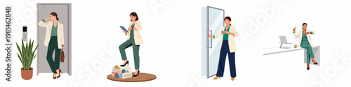 Set of illustrations featuring a professional business woman managing her busy workday in various corporate settings and modern office environments.