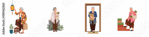 Flat vector illustrations of an elderly Indonesian woman in traditional batik kebaya carrying groceries and decorating her home with a lantern.
