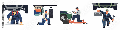 Illustrations of professional auto mechanics in overalls performing car repairs, engine maintenance, and technical diagnostics in a workshop, isolated on a white background.