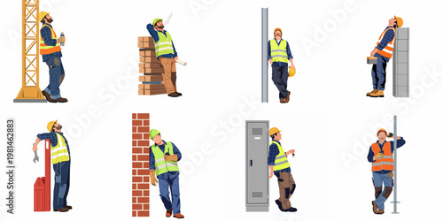 Set of Eight Illustrations Showing Construction Workers Taking a Break, Leaning Against Various Objects, and Resting on a Construction Site.