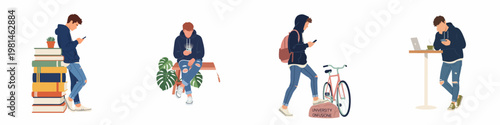 Flat vector illustration set of a young male student constantly distracted by his smartphone during various daily activities, like studying and commuting.