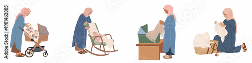 Set of illustrations featuring a Muslim mother in a hijab caring for her newborn baby with a stroller, rocking chair, and bassinet.