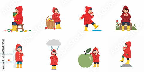 A set of cute illustrations of a young girl in a red raincoat and yellow boots enjoying autumn activities and eating apples.