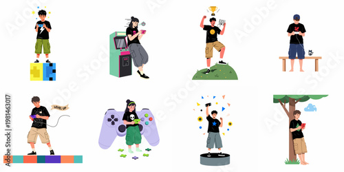 A collection of diverse teenagers enjoying various video games, featuring handheld consoles, arcade machines, and celebrations of gaming victories in a modern flat style.