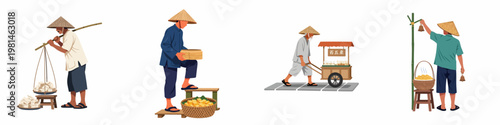 Traditional Chinese tofu street vendors collection featuring men in straw hats selling bean curd with various tools like carts and baskets on white background.