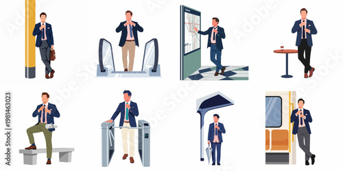 Flat illustration collection of a professional businessman in various daily commuting and transit situations, including subway, escalator, and bus stop scenes.