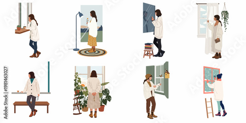 Set of eight flat vector illustrations of women in cozy home scenes, looking out windows, relaxing with plants, books, and warm clothing.