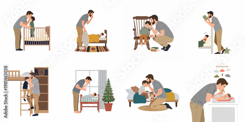 Vector illustration set of a father taking care of his children during bedtime and daily routines, showcasing love and caregiving in a family.