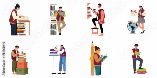 Flat vector illustration set of diverse college students in varsity jackets studying, reading books, and taking notes on a white background.