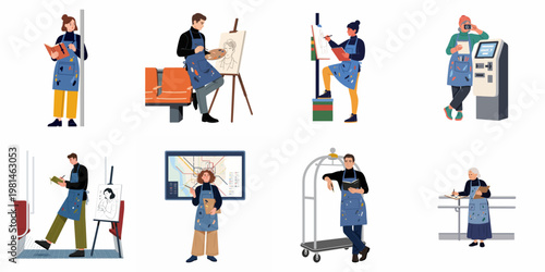 Collection of diverse artists in blue aprons sketching and painting in various urban settings, including public transport and city transit stations.