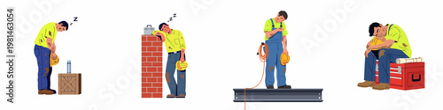 Set of tired and exhausted construction workers sleeping or resting on site, depicting fatigue and the physical demands of manual labor.