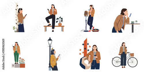 Collection of flat design illustrations showing a young woman wearing headphones and holding a smartphone in various daily life activities and outdoor settings.