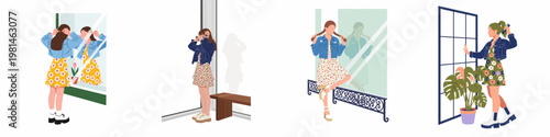 Set of flat vector illustrations featuring young women in trendy floral dresses and denim jackets posing in front of mirrors and glass surfaces.