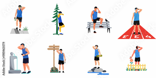 Set of illustrations showing an exhausted male runner sweating and resting in various outdoor locations after a workout in hot weather.