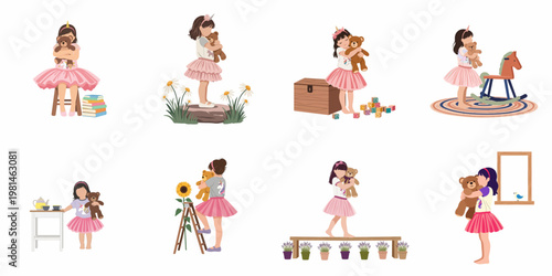 Set of cute vector illustrations of a little girl in a pink tutu enjoying various activities while hugging her favorite teddy bear toy