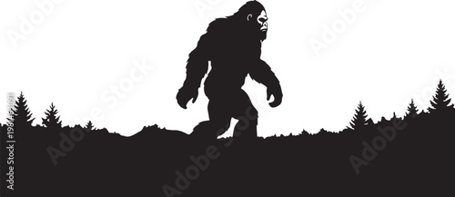 Bigfoot walking through forest landscape silhouette vector graphic