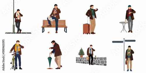 Flat design illustration collection of a man in various outdoor settings checking his wristwatch while waiting, dressed in autumn and winter attire.