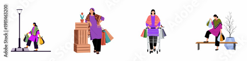 Set of flat vector illustrations of a South Asian woman in traditional attire engaged in shopping activities with bags and a trolley.