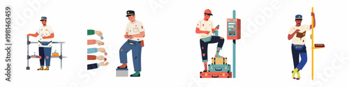Set of flat vector illustrations depicting a man in ragged clothes collecting coins and tickets in public transportation settings, representing poverty and struggle.