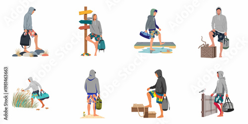 Collection of flat illustrations showing a young man in a hoodie and patterned swim trunks exploring different coastal and beach environments.