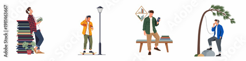 Collection of flat vector illustrations showing young men listening to music, podcasts, and audiobooks in various indoor and outdoor settings.