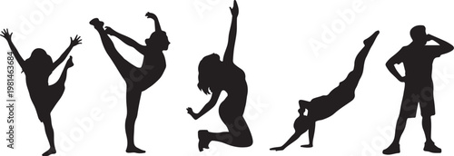 Kids action silhouettes set with children running, jumping and playful poses, Active Children Poses Collection