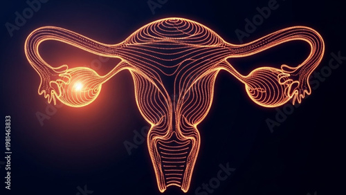 Conceptual digital rendering of the female reproductive tract, with illuminated ovaries, emphasizing fertility, health, and advanced medical diagnostics
