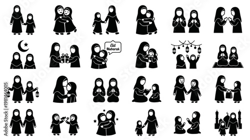 Happy Muslim mother and daughter bonding icons set illustration.