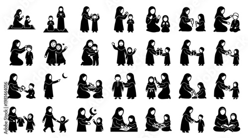 Muslim mother teaching child religious activities and daily life icons.
