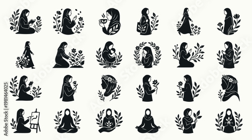 Elegant Muslim woman lifestyle silhouette icons with floral elements.