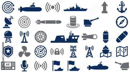 Military naval warfare and maritime security equipment icon set.