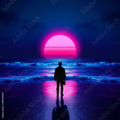 Chrome horizon, digital waves lap neon shores, a solitary figure dreams of escape ,  serene reflection,  low angle