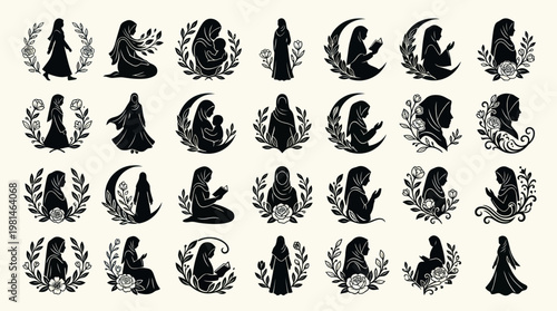 Muslim woman in hijab silhouette icons with floral accents.