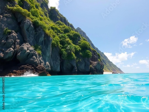 Crystal-clear water laps at the edge of a lush green cliff overlooking a pristine Hawaiian beach,  coast,  landscape