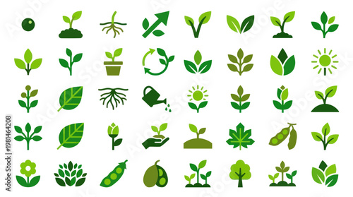 Nature, plants, and ecology icons in green flat design style.