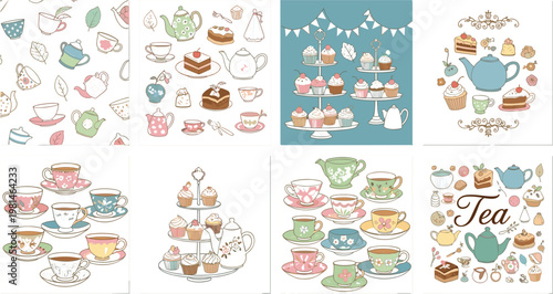 Set of Vintage Tea Party Illustrations Featuring Teacups, Teapots, Cakes, Cupcakes, and Decorative Patterns for Elegant Designs