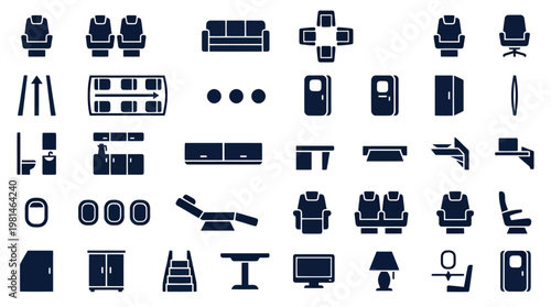 Aircraft Cabin Interior and Airline Passenger Amenities Icon Set