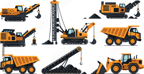 Heavy Construction Machinery Set with Excavator Dump Truck Crane Drilling Rig and Industrial Mining Equipment Vector Illustration