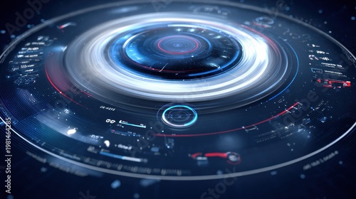 Glowing futuristic circular interface displays complex digital information in deep blue