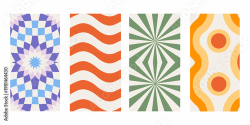 Four vibrant vertically oriented patterned panels with retro aesthetics