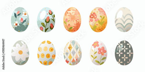 A collection of watercolor painted easter eggs with floral patterns
