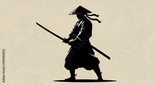 Samurai warrior silhouette with katana in combat stance Japanese traditional illustration