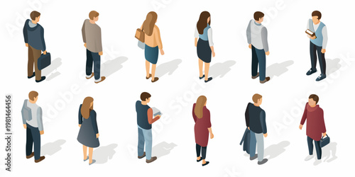 Isometric illustration of diverse people standing in a row facing forward