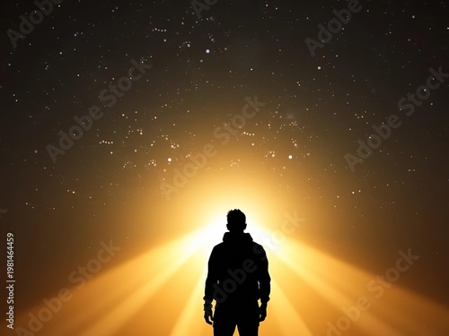 Silhouetted figure surveys celestial expanse, bathed in ethereal light,  ethereal,  clouds